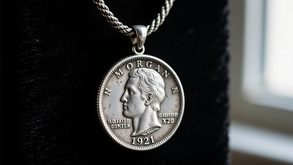 Close-up of a worn 1921 Morgan silver dollar coin pendant hanging on an oxidized sterling silver rope chain against dark velvet.