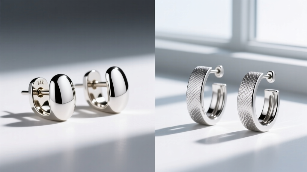 Split comparison showing rhodium-plated 14k white gold and natural platinum earring posts under 10x jeweler loupe magnification