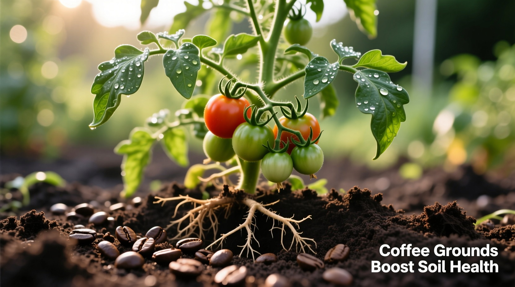 Tomato plant with coffee grounds in soil
