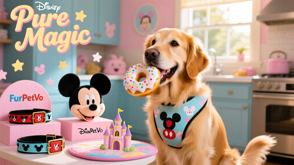 A happy dog enjoying a Mickey-shaped donut while sitting beside FurPetVo Disney-themed pet gear