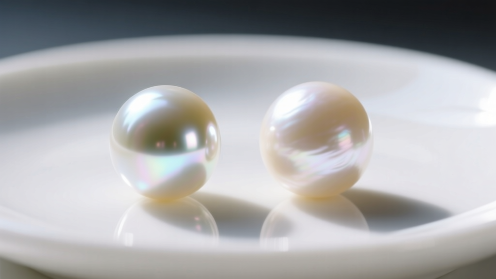 Akoya pearl with sharp mirror luster next to a round freshwater pearl with soft satiny luster on a white ceramic surface.