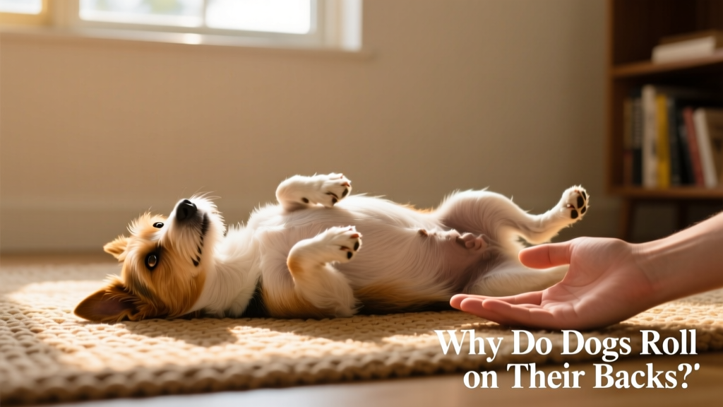 A timid terrier lying on its back with soft eyes and relaxed limbs near a calm human hand