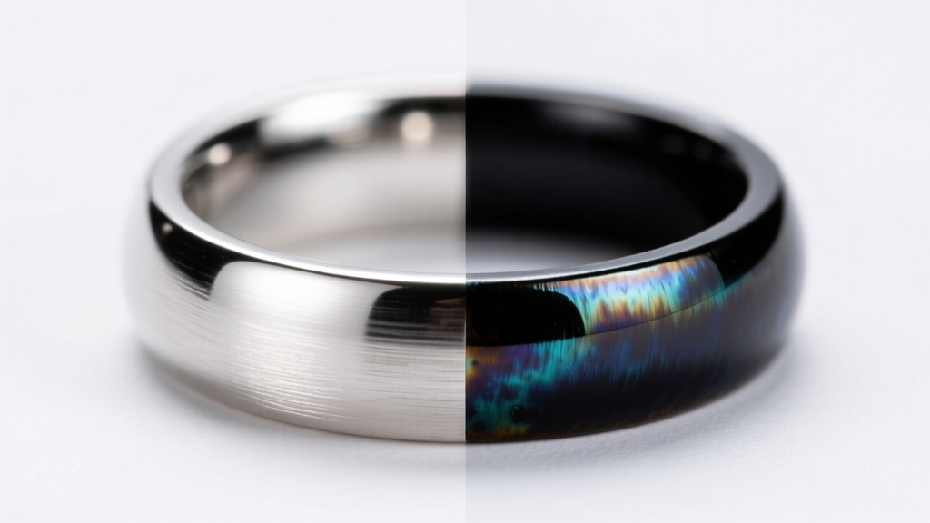 Split view of an oxidized 18-gauge silver ring, showing the left half stripped of its dark liver of sulfur patina by a chemical dip.