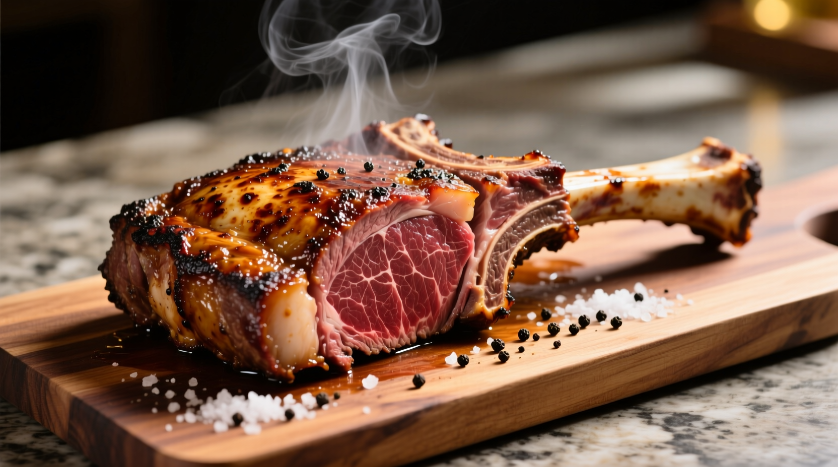 Perfectly cooked bone-in prime rib roast with crispy exterior