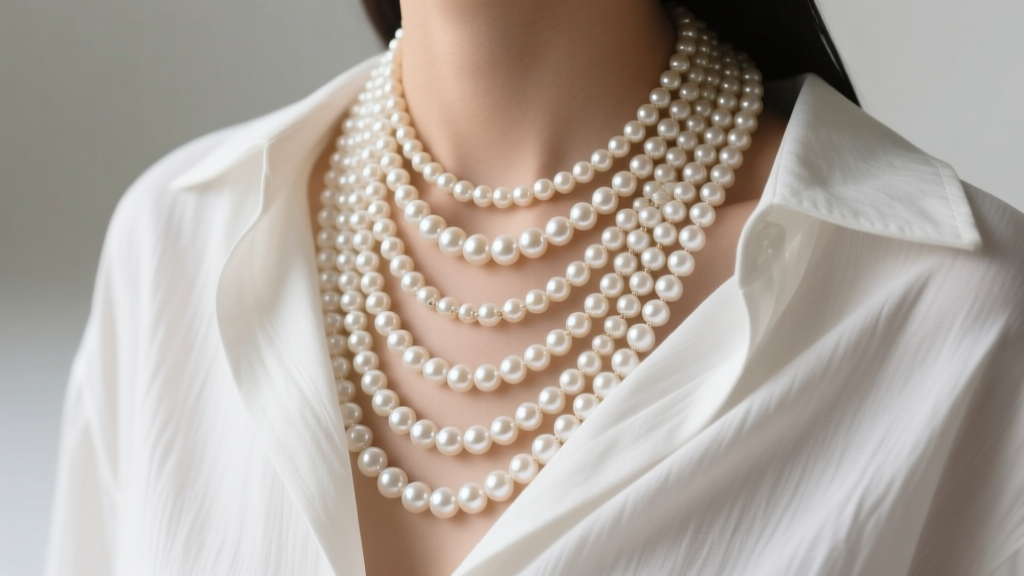 Baroque and round pearl necklaces layered over a white linen shirt, highlighting modern gender-neutral fashion styling techniques