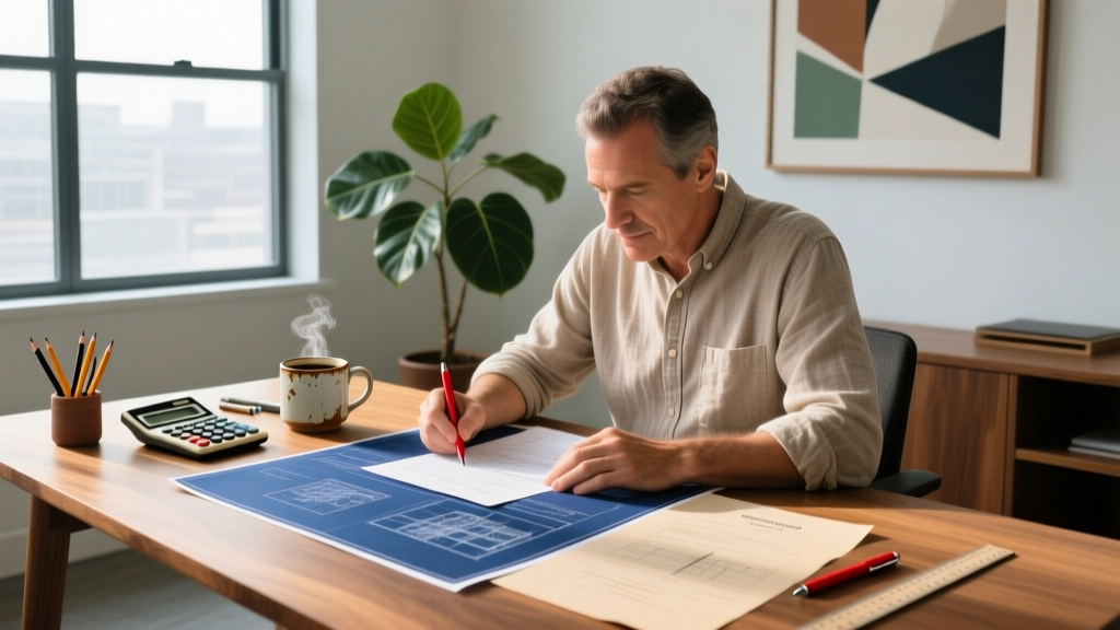 Architect reviewing large blueprints and municipal permit application documents on a wooden desk with a calculator and coffee mug