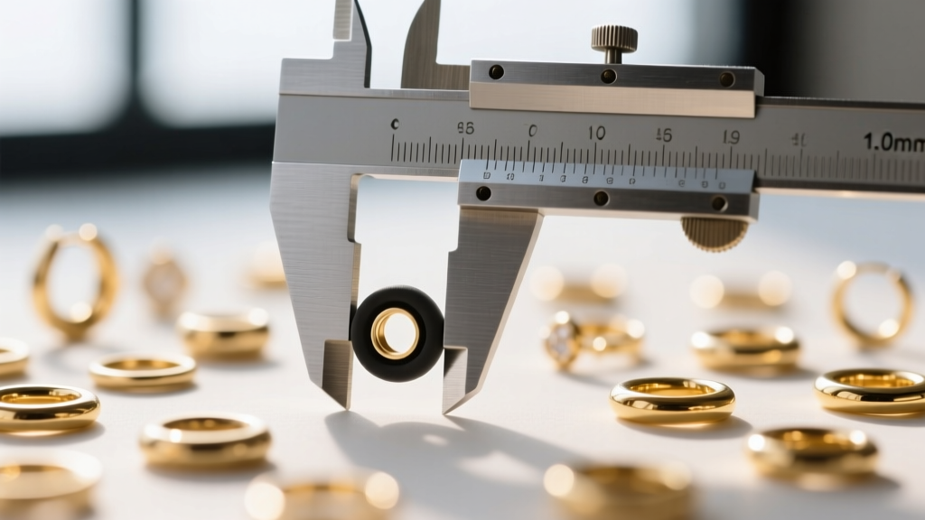 Calipers measuring the hole of a rubber earring back, showing a 1.0mm reading against a blurred background of small gold earrings