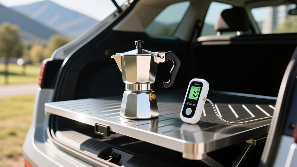 Close-up of a stainless steel portable espresso maker and smart meat thermometer resting on a fold-out EV tailgate kitchen setup.