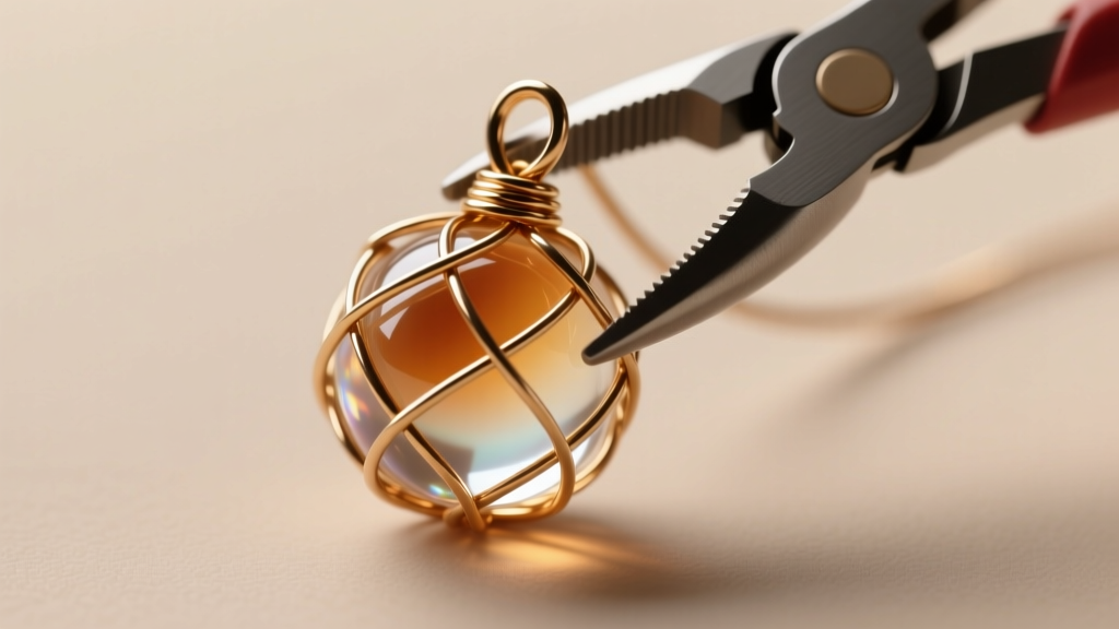 Close-up of 18-gauge brass wire woven around a spherical resin bead with pliers, forming an intricate cage-like pendant setting.