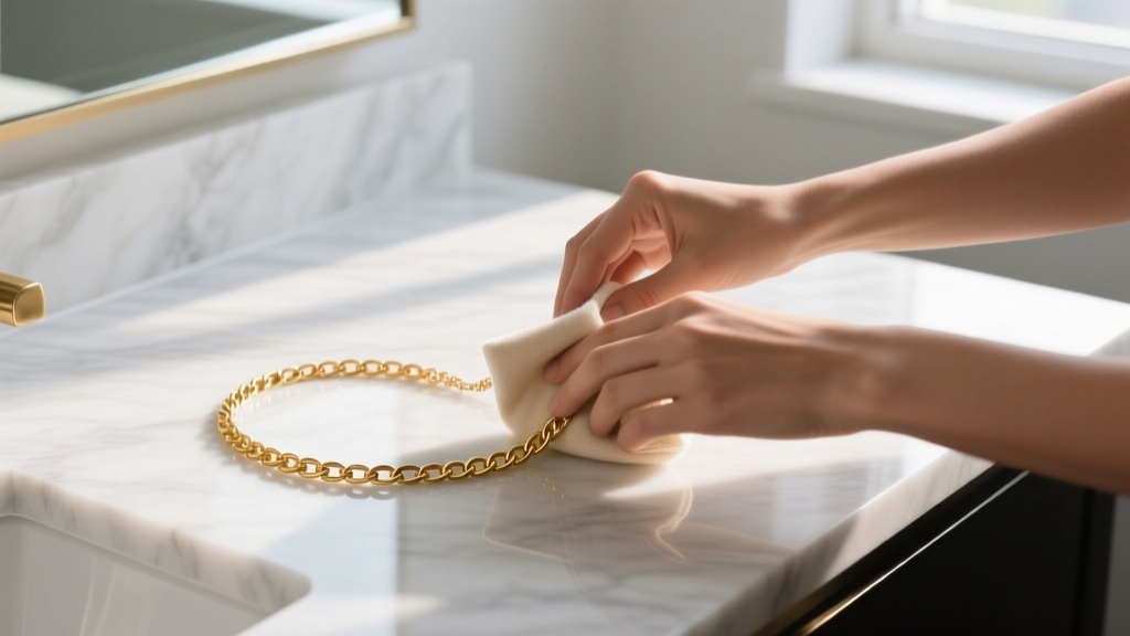 Hands gently wiping a delicate gold chain necklace with a microfiber cloth over a marble vanity in soft, diffused morning light.