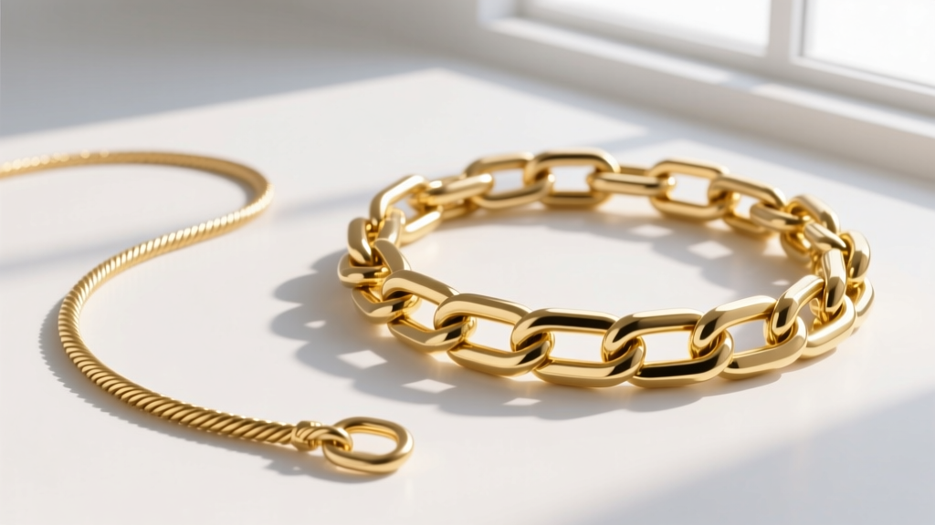 Flat lay comparison of a delicate gold-filled cable chain next to a heavy 18k solid gold box chain highlighting link thickness