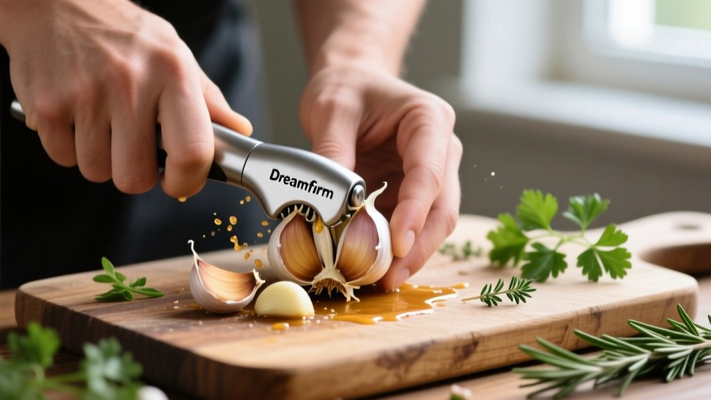 Close up of hands using the Dreamfarm Garject to crush unpeeled garlic cloves over a wooden cutting board with scattered herbs