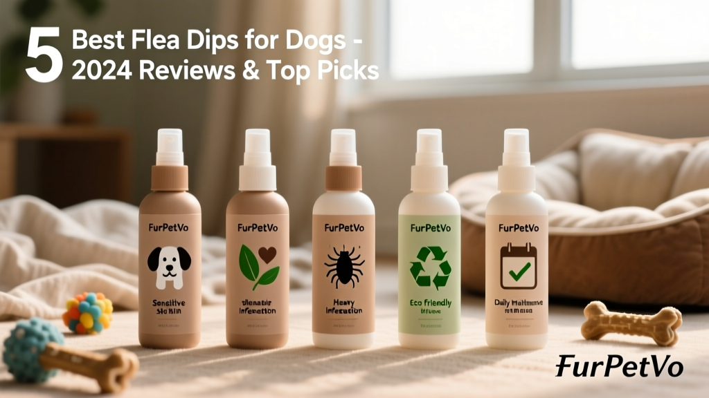 Side-by-side comparison of five FurPetVo flea dip bottles labeled with icons indicating target use: puppy, sensitive skin, heavy infestation, eco-friendly, and daily maintenance