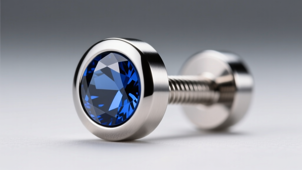 Macro shot of ASTM F136 titanium labret stud with a bezel-set sapphire, highlighting the polished threaded post in bright light.
