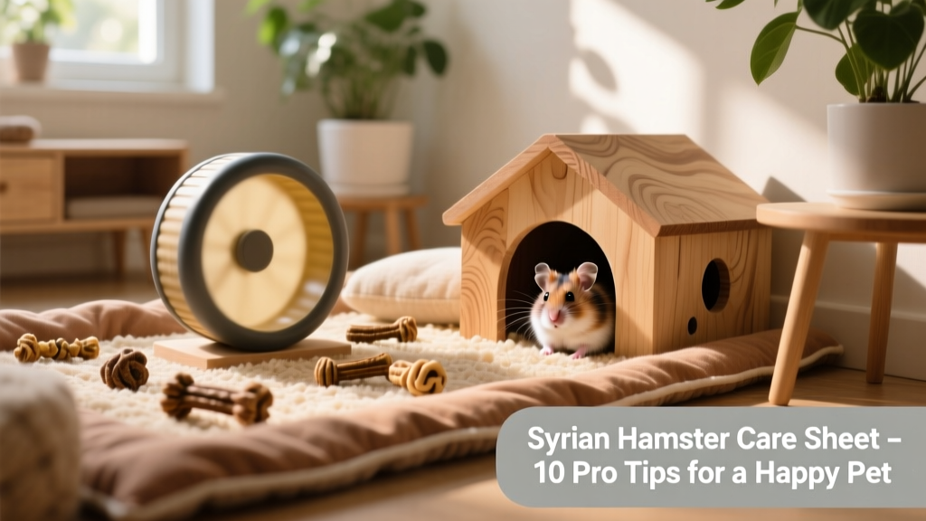 Well-appointed Syrian hamster habitat showing layered bedding, a solid exercise wheel, a wooden hideout, and scattered chew toys