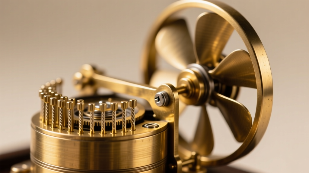Close-up of a brass 18-note music box cylinder and governor fan mechanism, showing delicate metal pins and synthetic oil