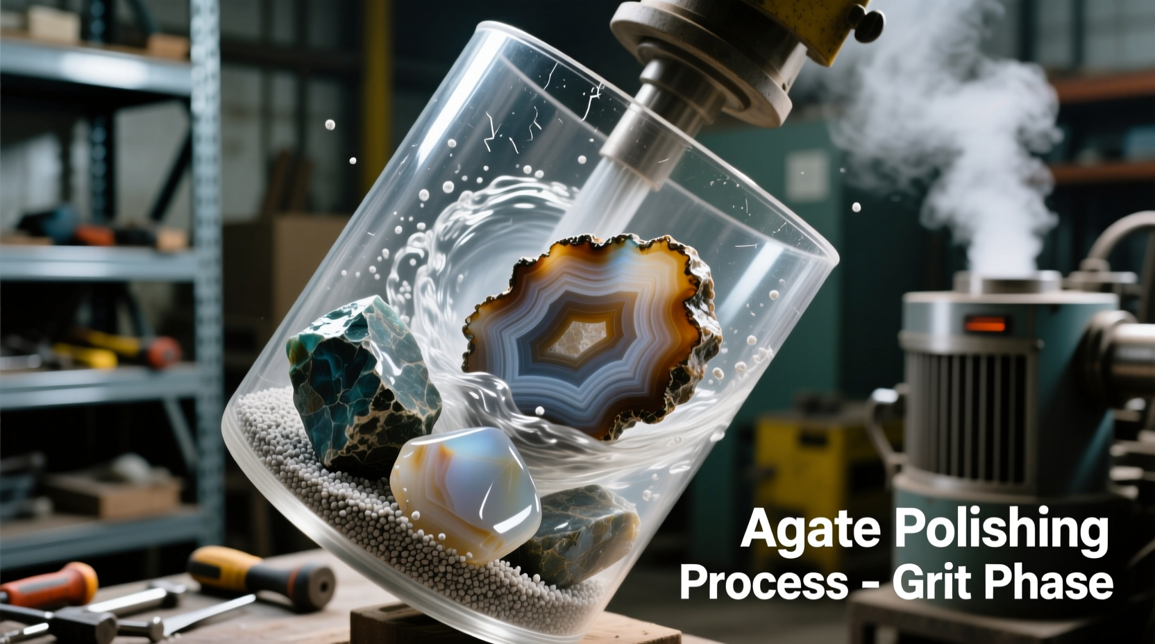 Rotary rock tumbler smoothing agate stones with grit