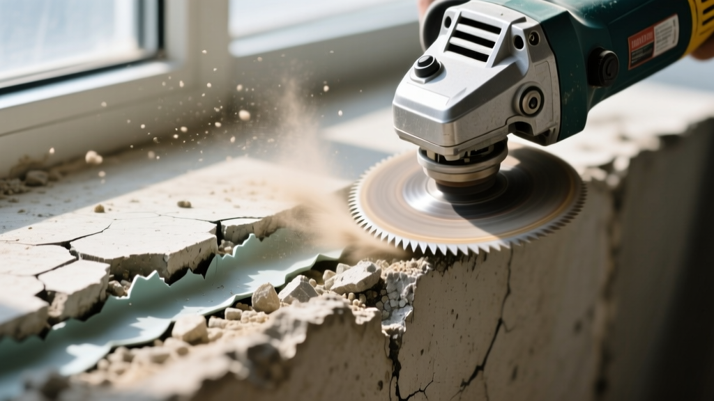 Close-up of a damaged concrete control joint showing spalled edges and failed polyurethane sealant being routed out with an angle grinder for repair