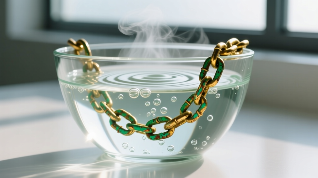 Glass bowl with hot water and aluminum foil, showing a tarnished green gold chain submerged in a bubbling electrochemical reaction.