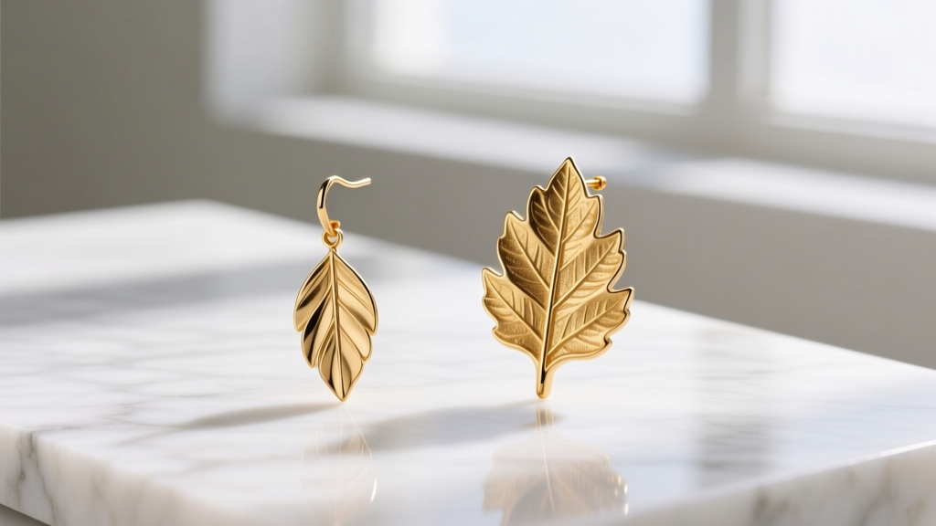 Side-by-side view of a thin gold-plated brass leaf earring and a thick cast 18k gold leaf earring on white marble