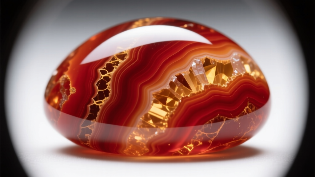 Macro shot of genuine carnelian cabochon showing natural crystalline banding and slight inclusions under a bright jeweler loupe.