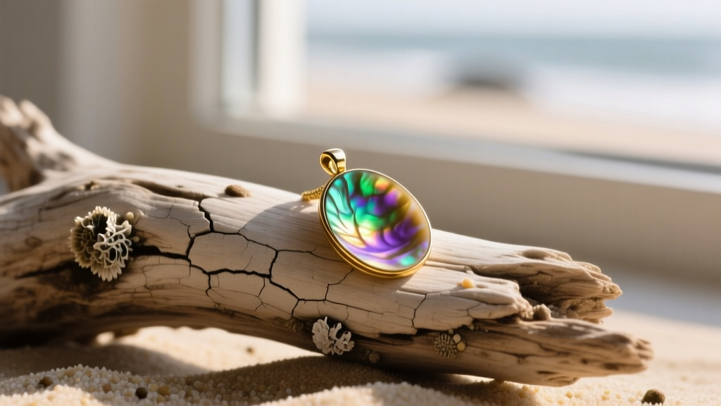 Close-up of a hand-carved iridescent abalone shell pendant resting on weathered driftwood, illuminated by soft natural sunlight.