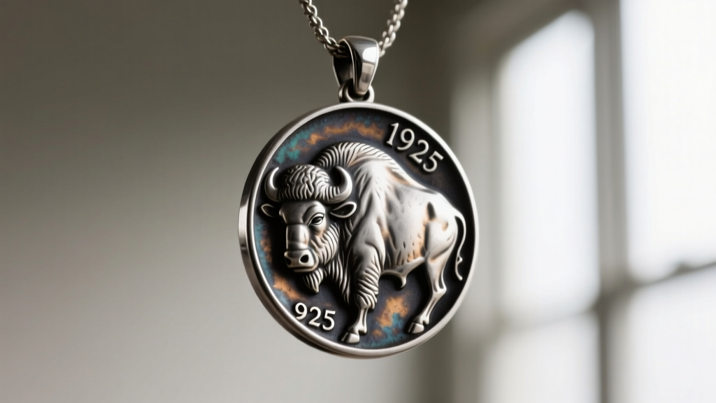 Macro photography of a 1913 Buffalo Nickel replica pendant cast in oxidized .925 sterling silver, highlighting the textured relief.