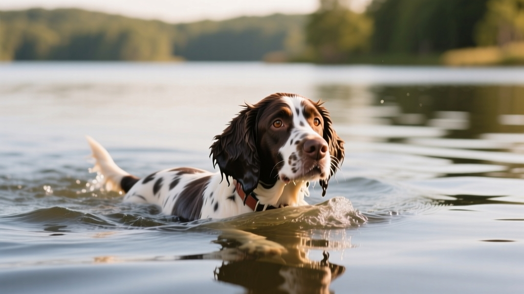 American Water Spaniel swimming confidently in a calm lake