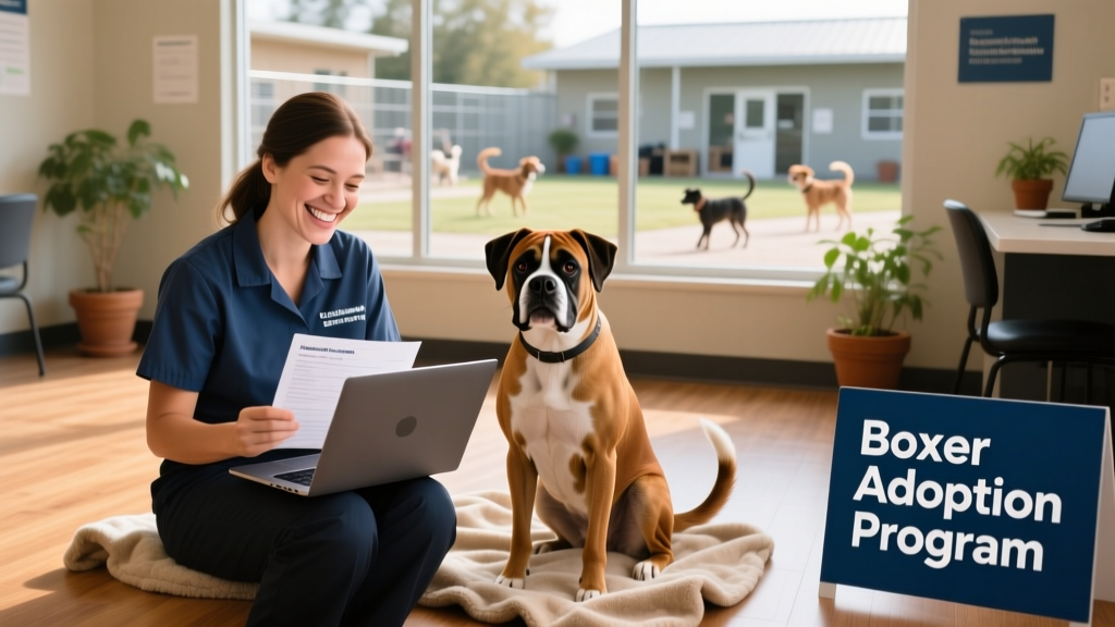A person smiling while reviewing boxer adoption applications on a laptop, with a happy boxer sitting beside them
