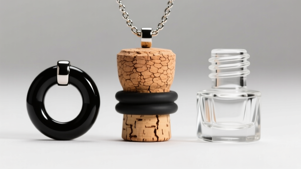 Close-up of three glass bottle necklace stoppers side-by-side: natural cork, black silicone O-ring seal, and a threaded glass cap.