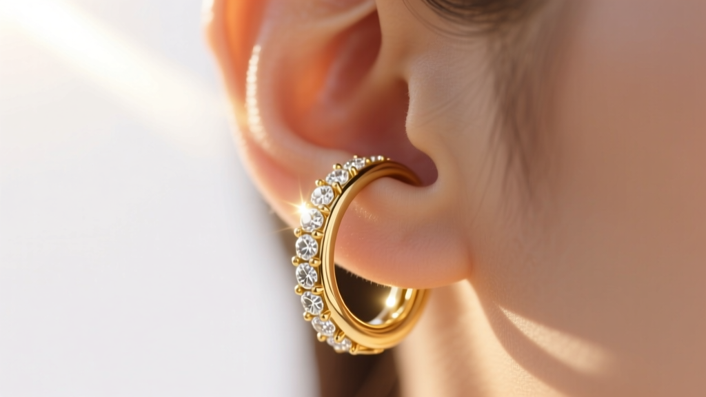 Close-up of earlobe wearing 14k solid gold bezel-set diamond huggie hoop, warm sunlight highlighting the polished metal texture