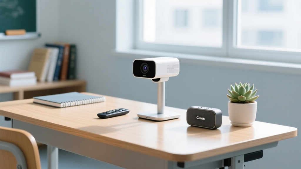 A modern classroom desk setup featuring a sleek document camera, wireless presentation remote, and a portable voice amplifier for teachers.
