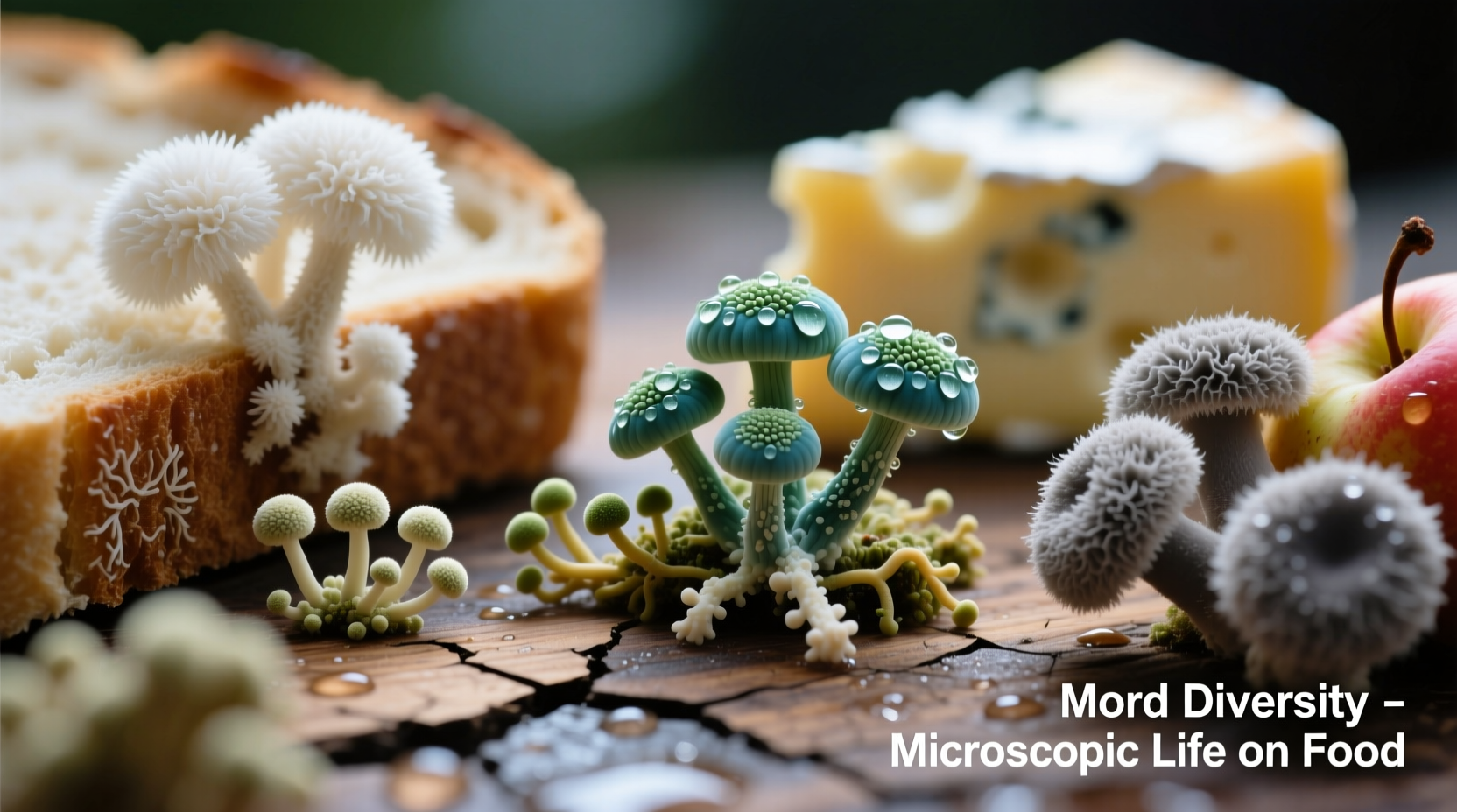 Close-up of different mold types on food surfaces