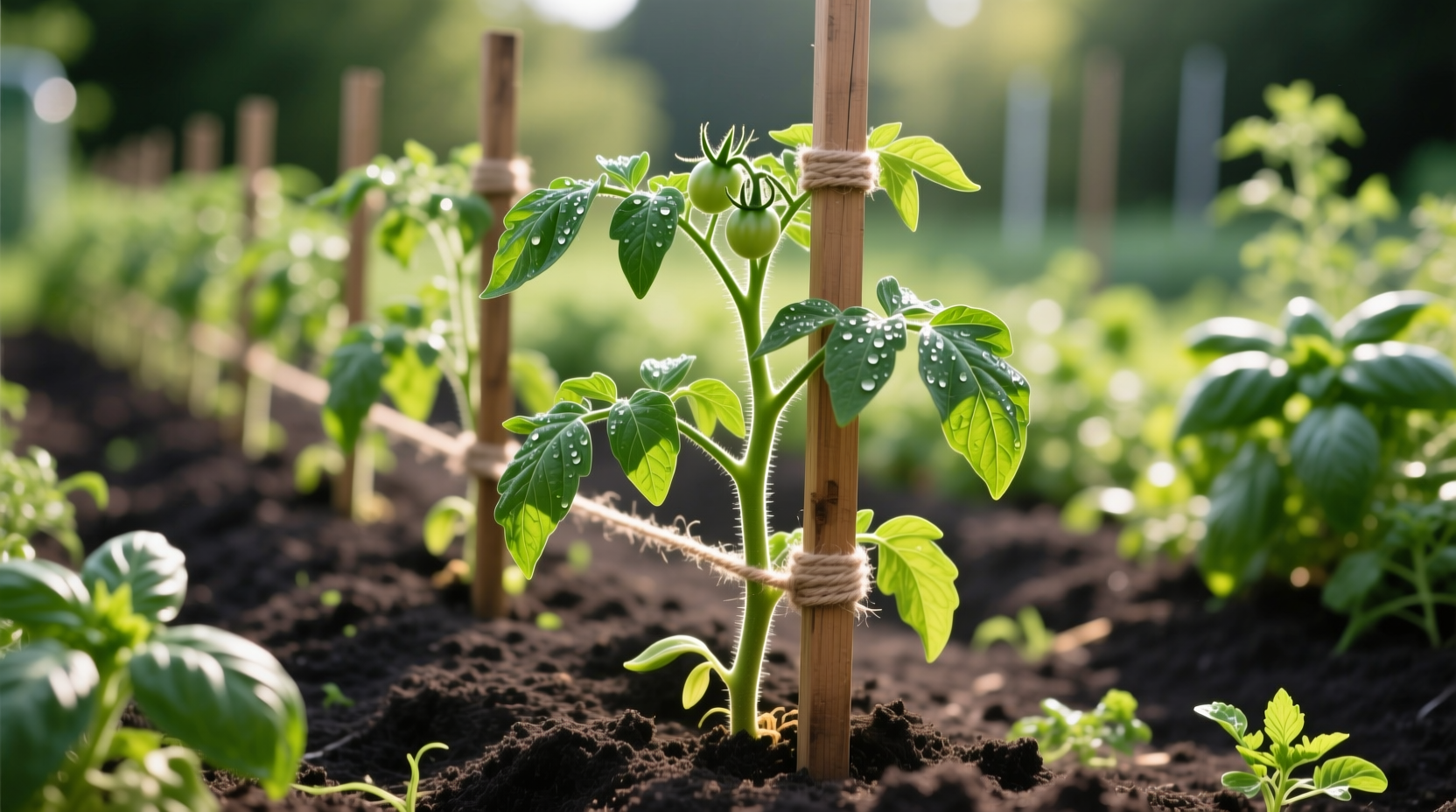 Healthy tomato plant with proper spacing and support