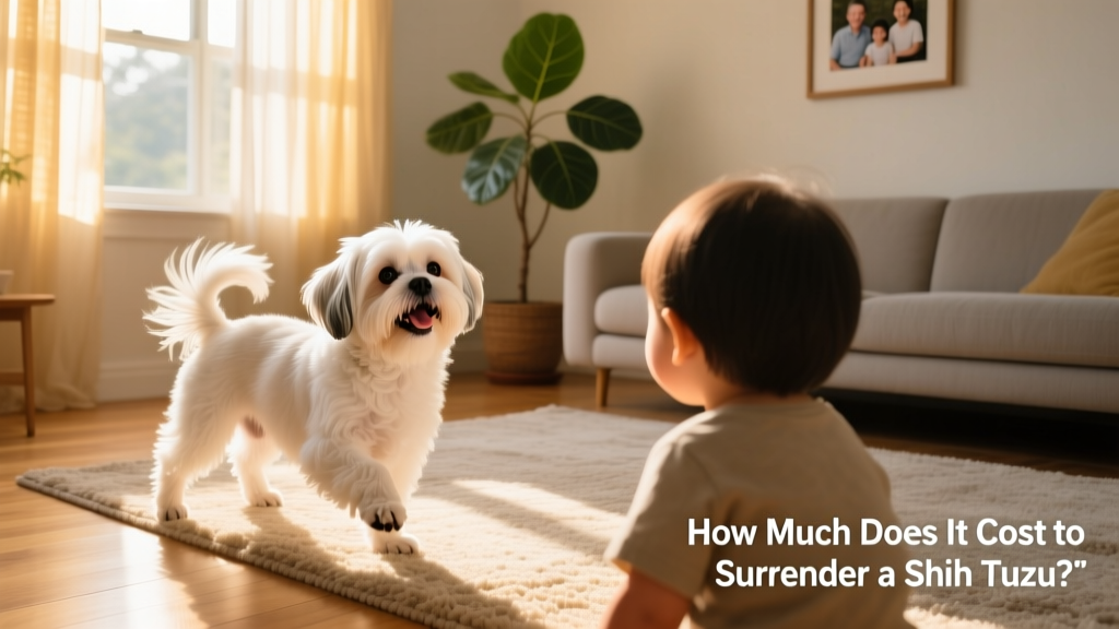 Shih Tzu happily greeting a new family member in a sunlit living room