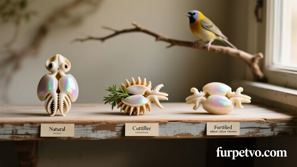 A variety of cuttlebones displayed on a clean wooden shelf: natural, flavored, and fortified versions available at furpetvo.com