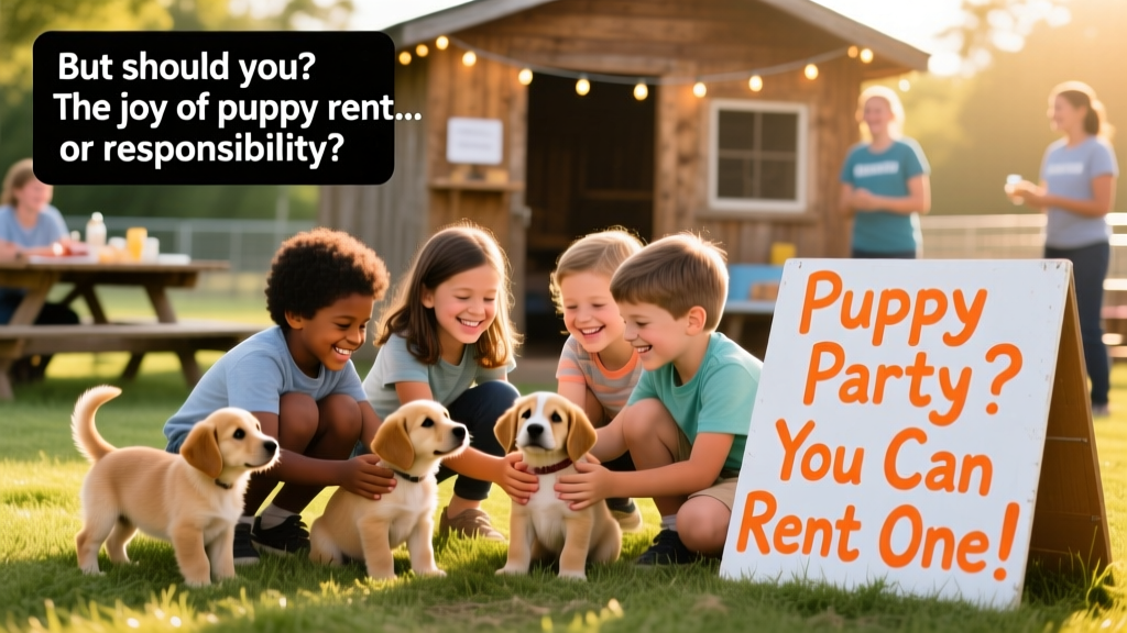 A joyful group of children gently petting several well-socialized puppies at an outdoor shelter event