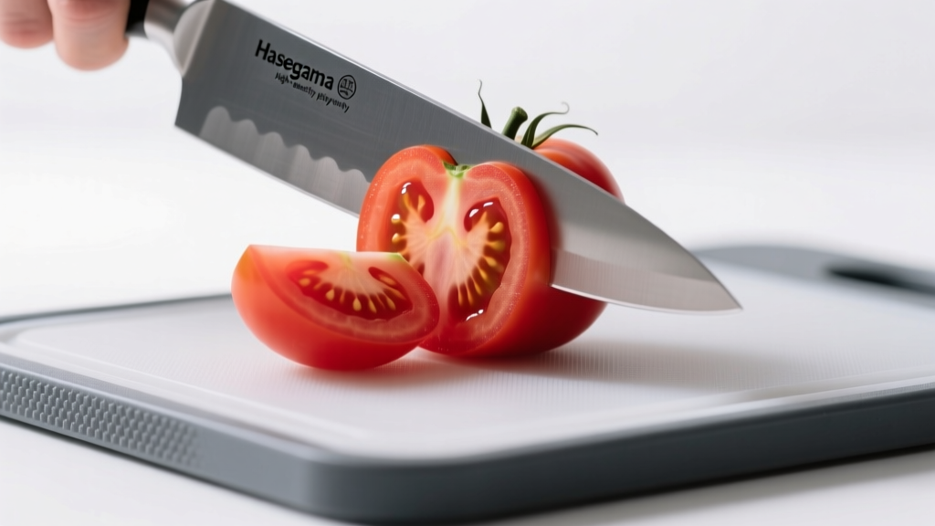 Close-up of a chefs knife slicing a tomato on a Hasegawa high-density polyethylene cutting board with a textured non-slip edge