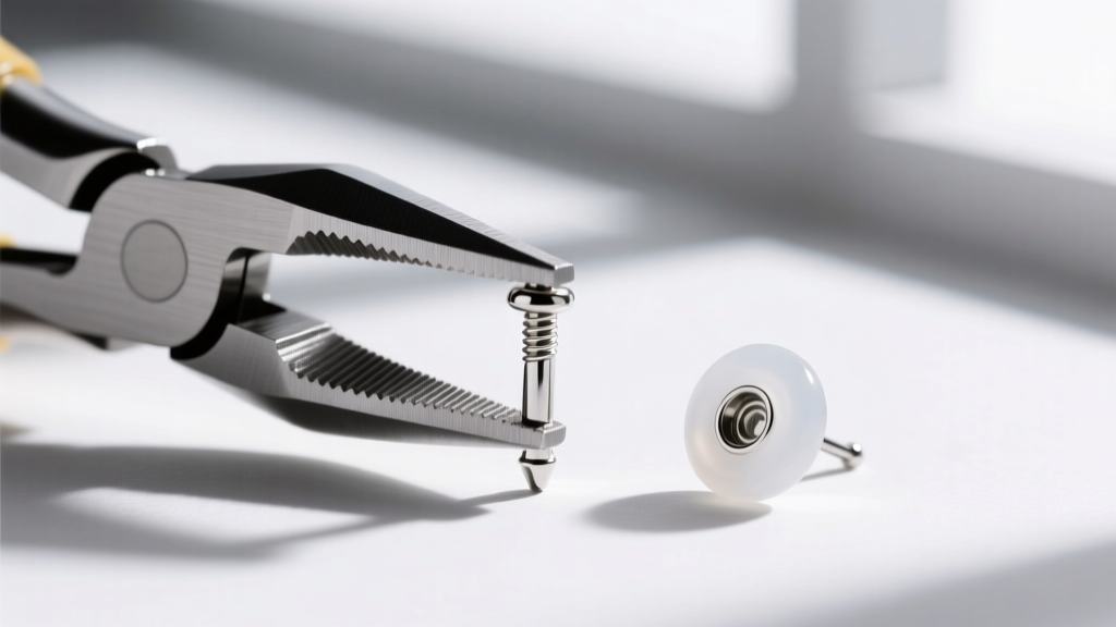 Macro shot of a 20-gauge silver earring post straightened with nylon-jaw pliers, with a silicone disc earring back nearby