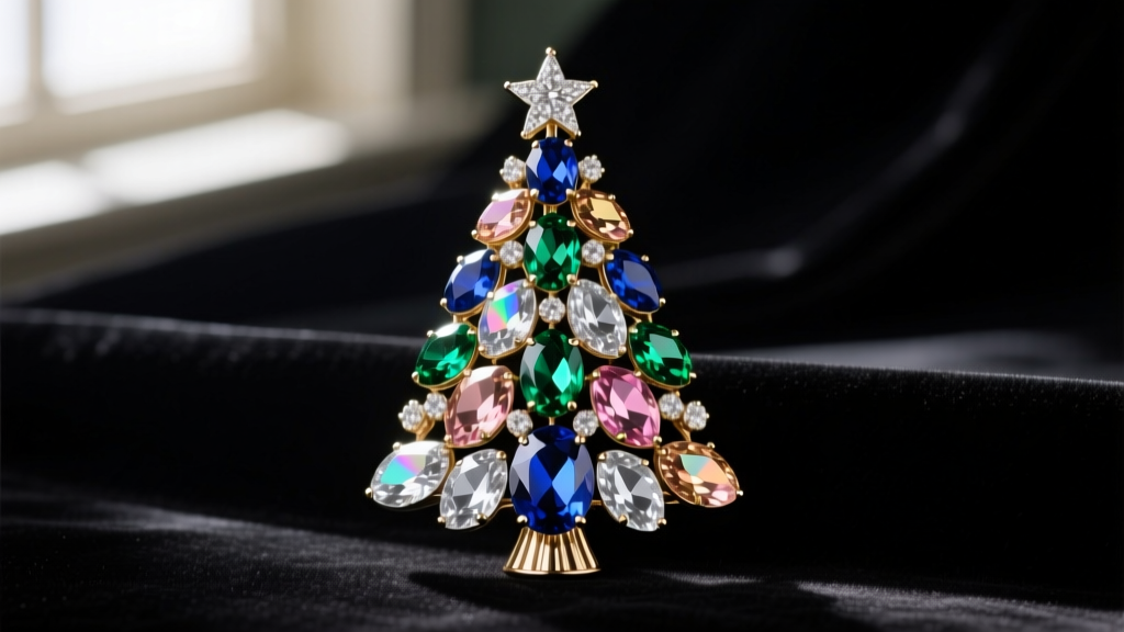 Close-up of a 1950s Hollycraft vintage jewelry christmas tree brooch with multicolored aurora borealis rhinestones on dark velvet.