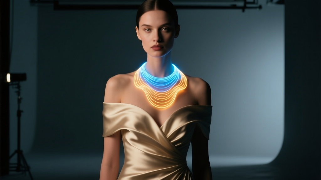 Model in off-shoulder gown wearing cascading fiber optic light up necklace shifting from cool blue to warm amber in dim lighting