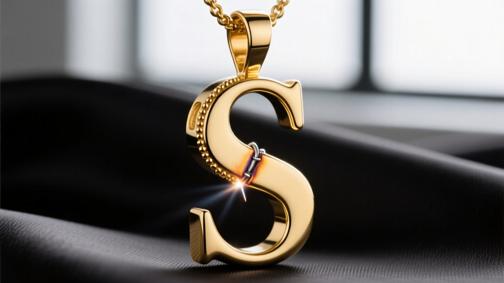 Macro photography of a hidden jewelry bail soldered to the back of a gold letter S pendant, showing the precise laser weld joint.