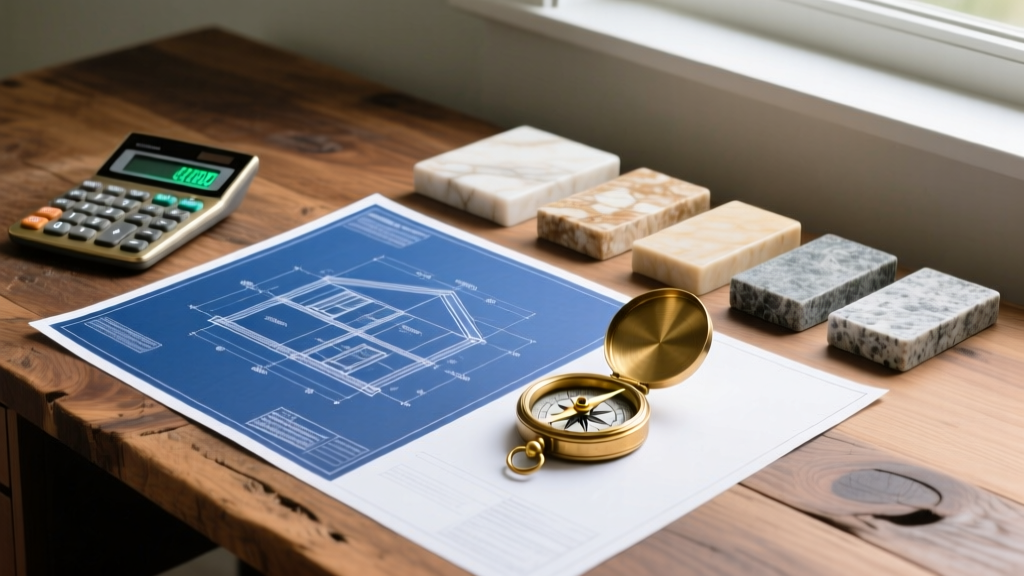 Blueprints on a wooden desk beside a financial calculator, brass compass, and stone material samples for a custom home build