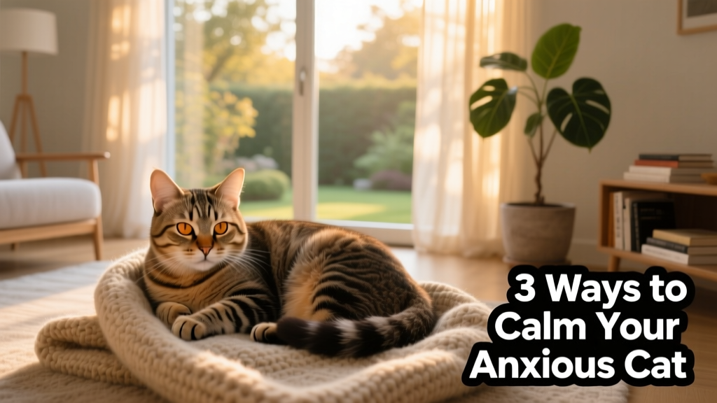A relaxed cat curled up in a quiet, softly lit room with a window nearby