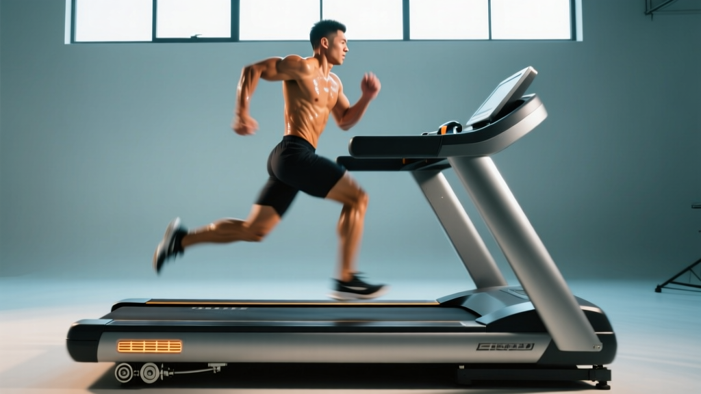Side profile of a runner sprinting at 10 mph on a heavy-duty treadmill, demonstrating the mechanical load placed on the drive motor.