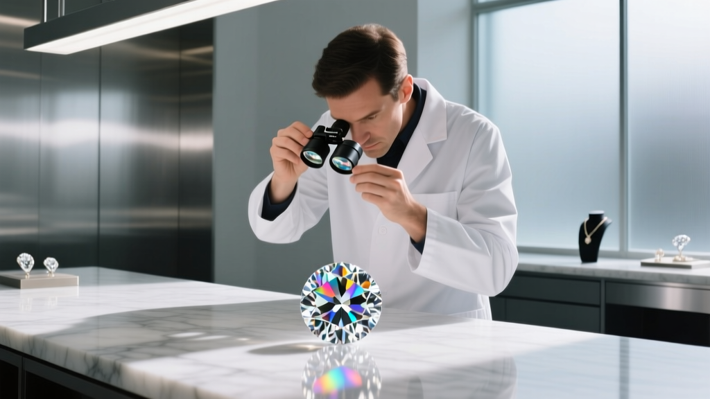 Jeweler in a white coat using a 10x triplet loupe to inspect a VVS1 clarity round brilliant diamond for a custom NYC pendant