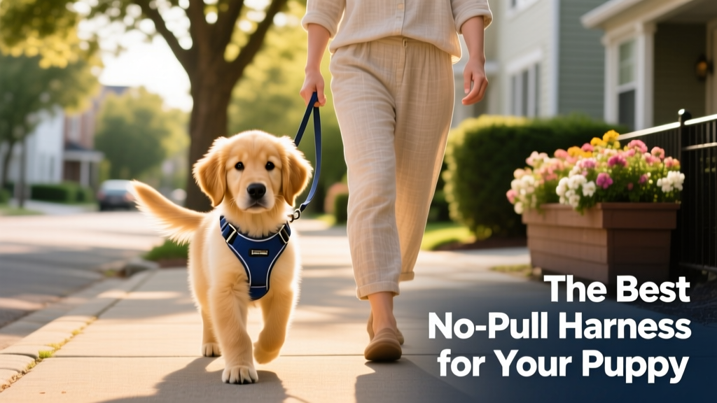 Puppy wearing a front-clip no-pull harness walking calmly beside owner on a sunny sidewalk