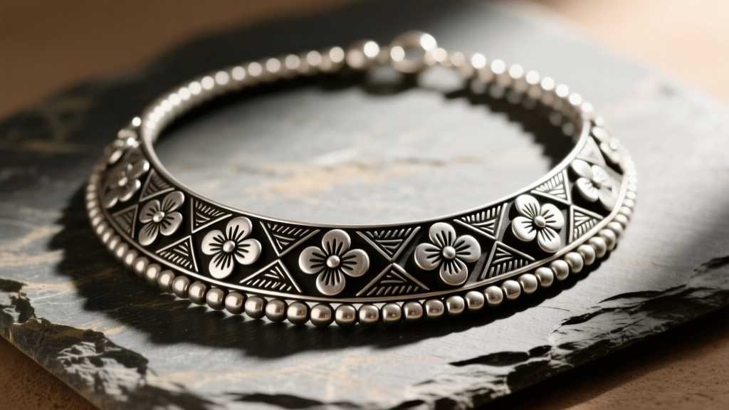 Close-up of a handmade Navajo silver bead necklace on slate, showing stamped floral motifs and dark oxidized silver crevices.
