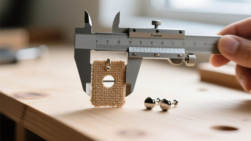 Macro shot of calipers measuring a 1.5mm hole on a hemp earring card next to titanium labret studs on a clean wooden workbench.
