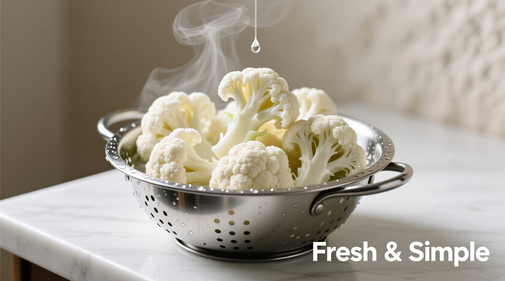 Perfectly boiled cauliflower florets in colander